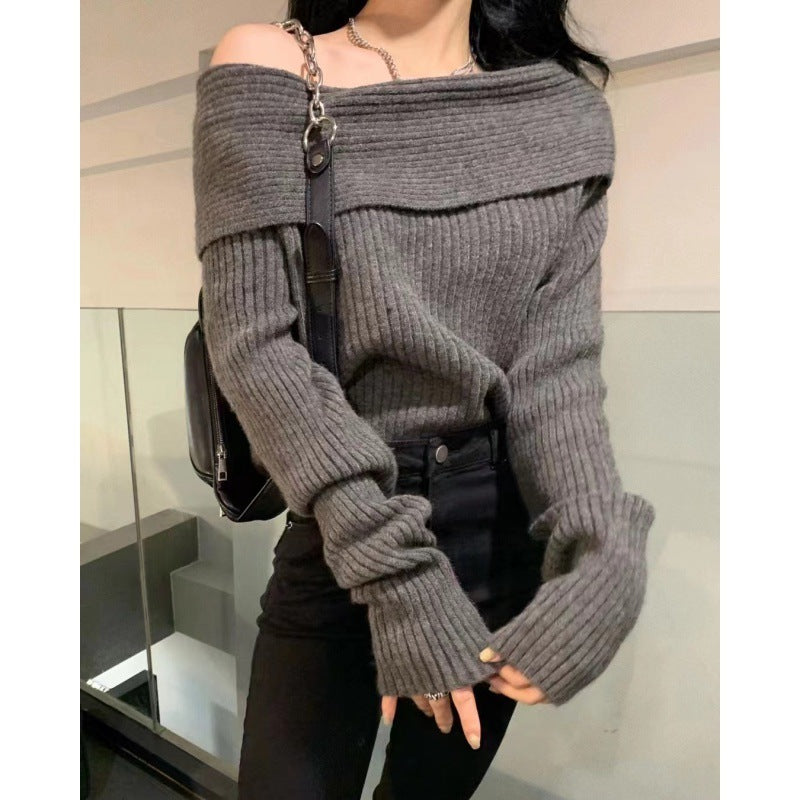 Off-the-shoulder Pile Collar Slim Knit Sweater