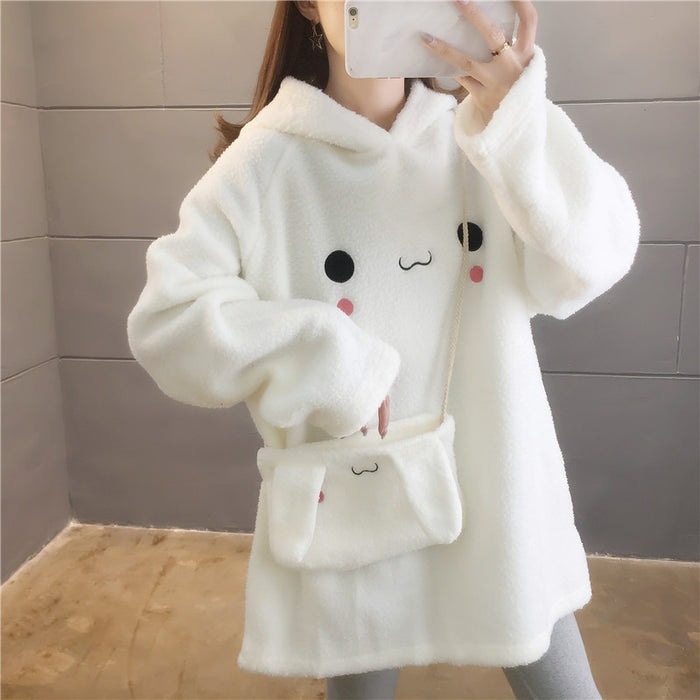 Cute Long Rabbit Ears Lamb Wool Hooded Pullover Sweater