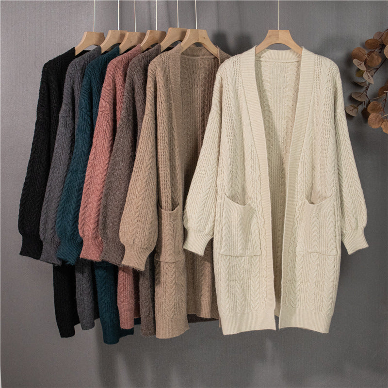 New Knitted Mid Length Cardigan Coat Loose Versatile Women's Sweater