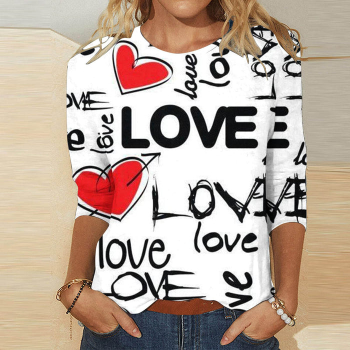 Valentine's Day Female With Hearts Printing Crew Neck T-shirt Top