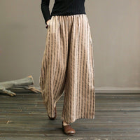 Slimming Draping Casual Retro Cotton And Linen Stripes Wide Leg Pants For Women