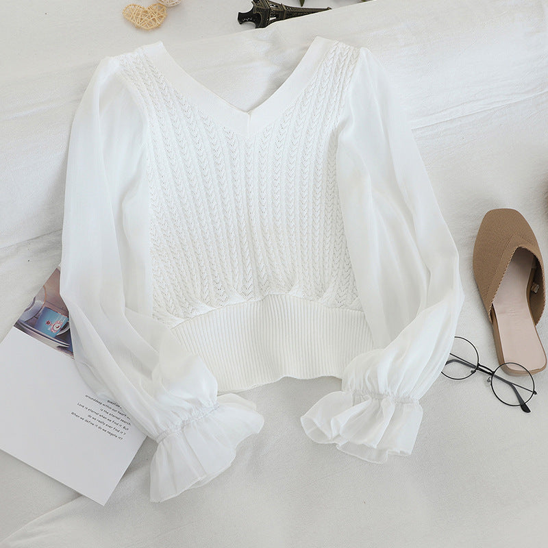 Puff Sleeve New Thin Women's Clothing V-neck Chiffon Stitching Sweater