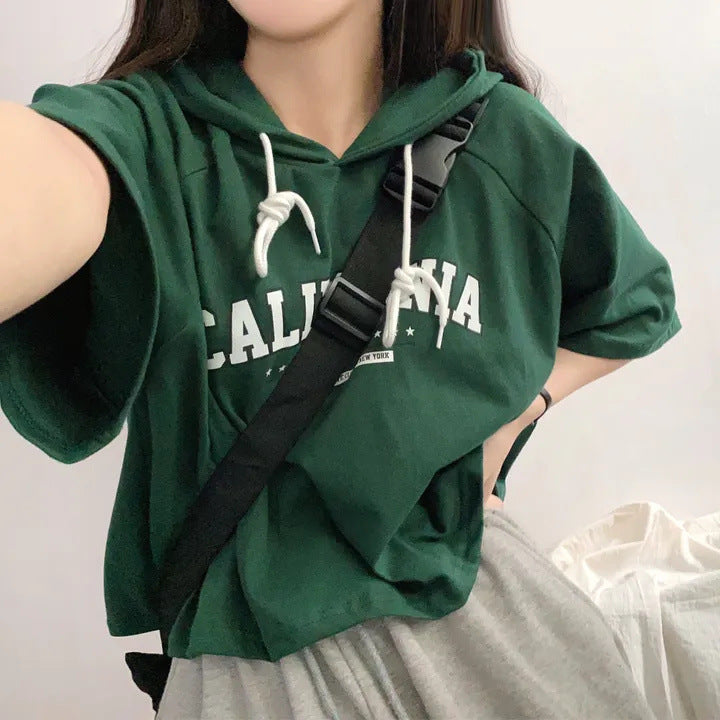 Casual Letter Hooded Short Sleeve Loose Half-sleeved T-shirt Top