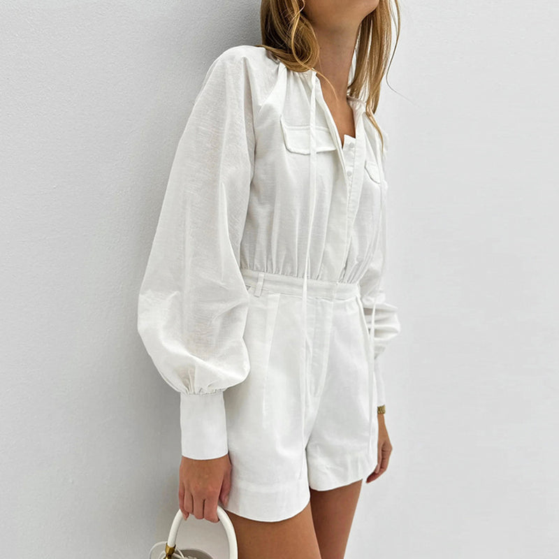 Fashion Loose White Slub Cotton Jumpsuit For Women