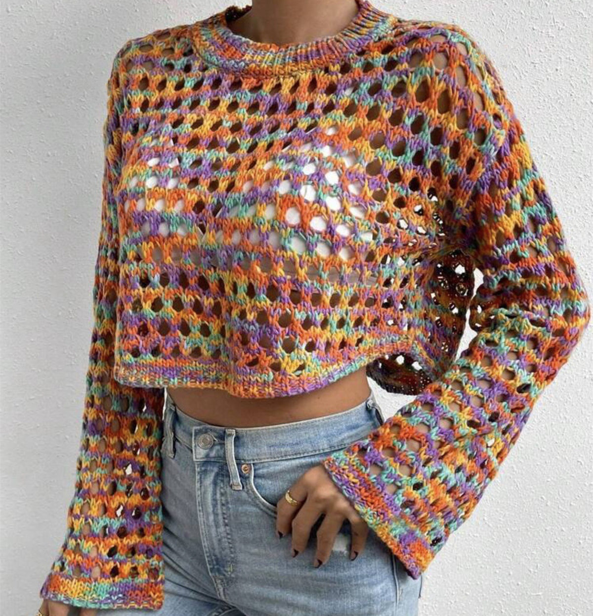 Retro Short Women's Colorful Woven Top Sweater