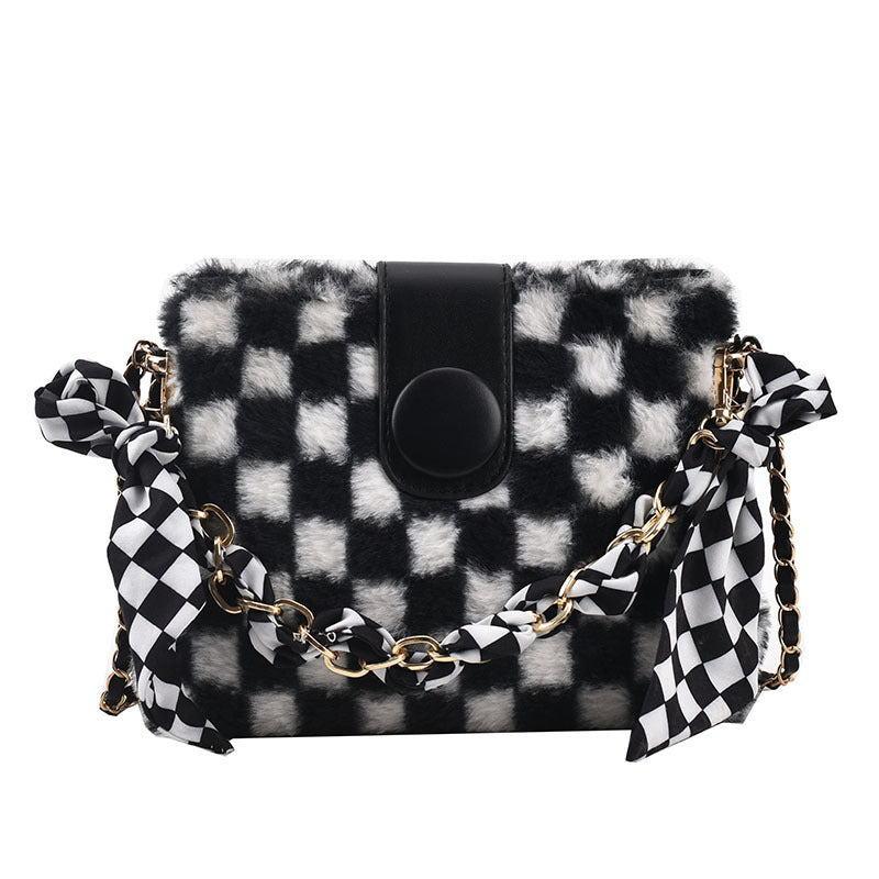 Plush Checkerboard One-shoulder Messenger Bag