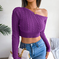 Fashion Fried Dough Twist Off The Shoulder Long Sleeve Short Knitted Sweater