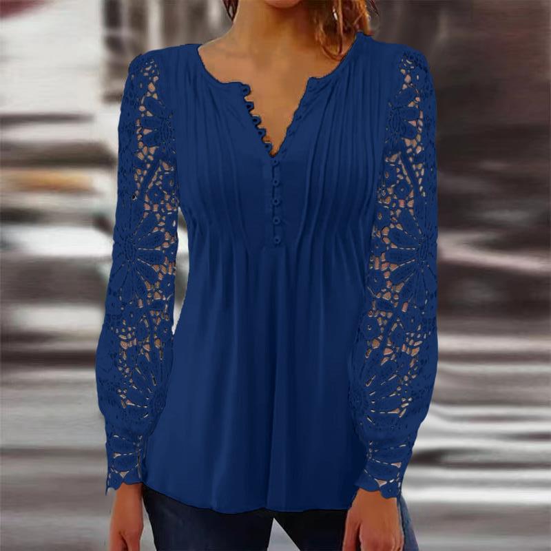 European And American Spring And Autumn Fashion Lace Lace Sleeve Pleated Solid Color Buttons T-shirt