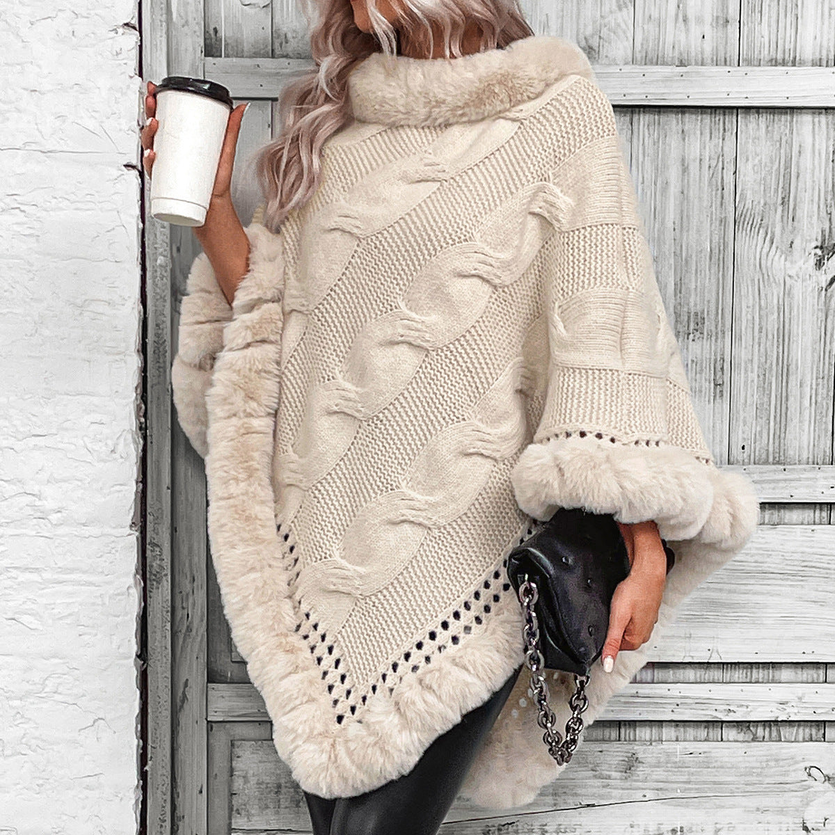 Women's Fur Collar Hemp Pattern Cardigan Cape Sweater