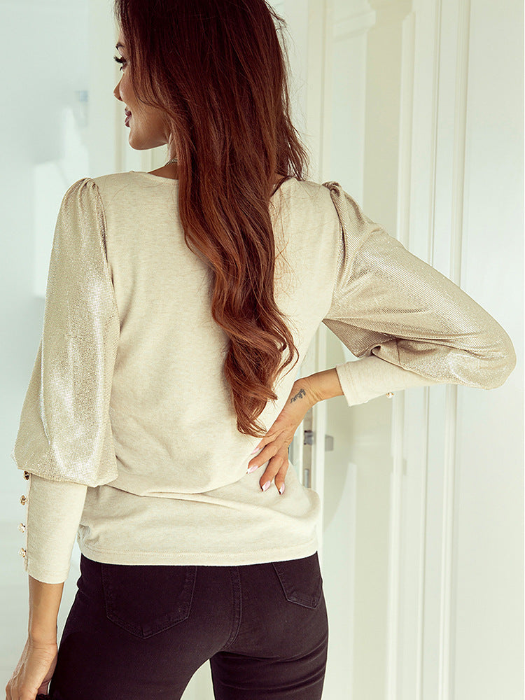 Stitching Long-sleeved Top Women's Casual All-match Round Neck Pullover Sweater