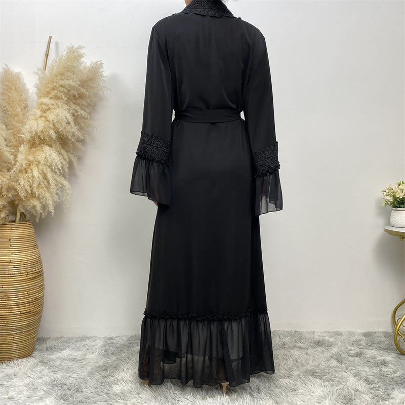 Black Flower Embroidered Lace Up Muslim Cardigan Robe