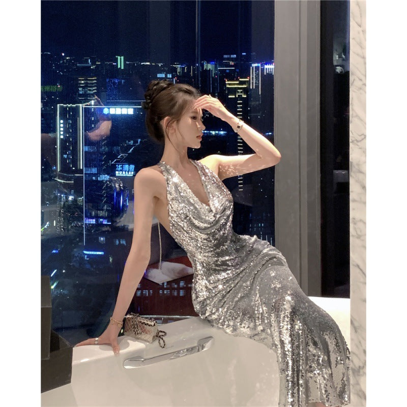 Glitter Silver Dress High-grade Light Luxury Evening Dress