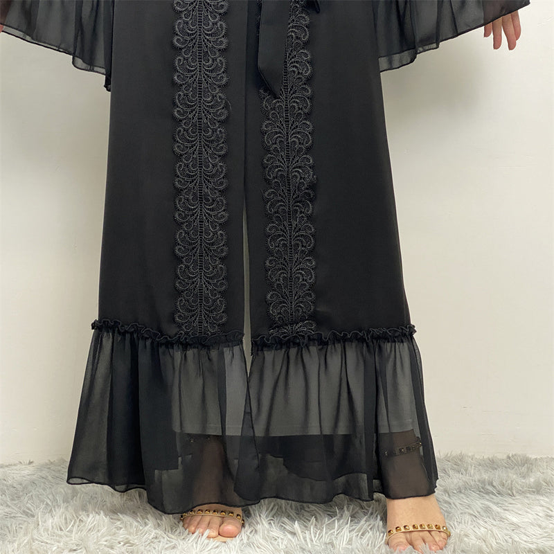 Black Flower Embroidered Lace Up Muslim Cardigan Robe