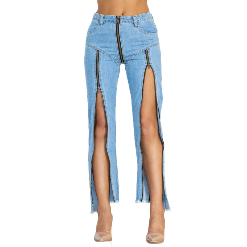 Light Blue Zipper Personality Design Irregular Skinny Jeans