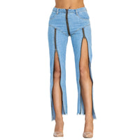 Light Blue Zipper Personality Design Irregular Skinny Jeans