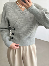 Irregular Short Knit Long Sleeve Bevel Button V Neck Top