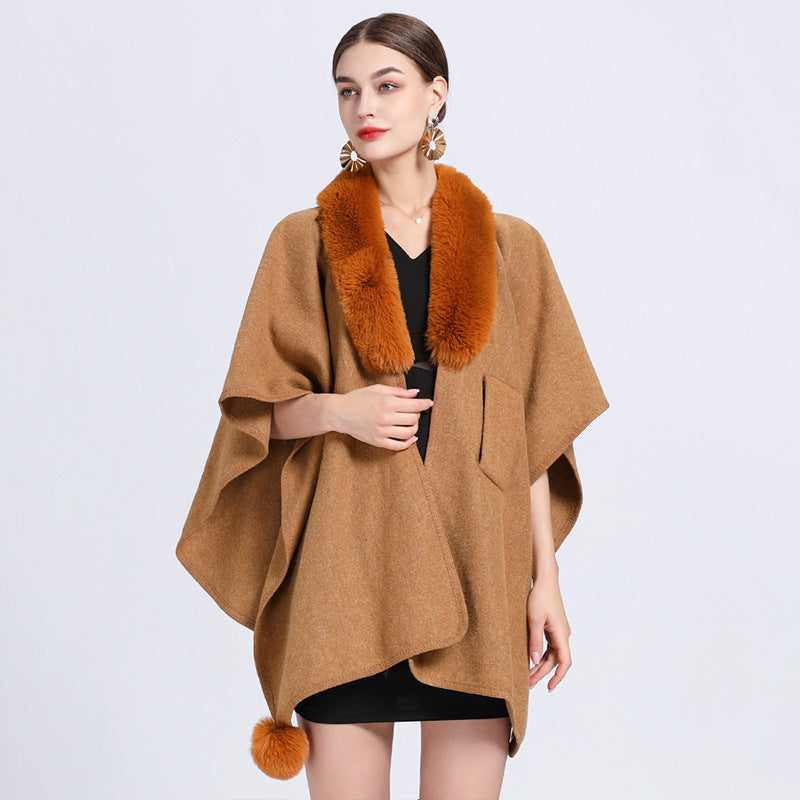 Imitation Rex Rabbit Fur Collar Cape And Shawl Female Loose Knitted Cardigan