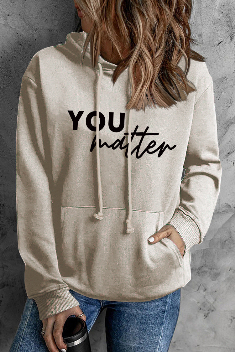 Front And Back Letters Women's Printed Wear Hooded Pocket Pullover Sports Long Sleeve