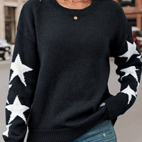 Women's Knitted Sweater Fashion Solid Color Five-pointed Star Jacquard Crew Neck Pullover Sweater