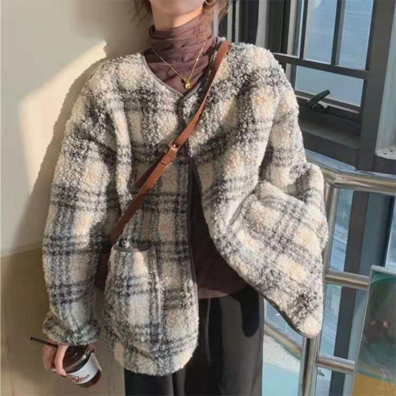 Fashion Women's Loose Check Lamb Wool Coat