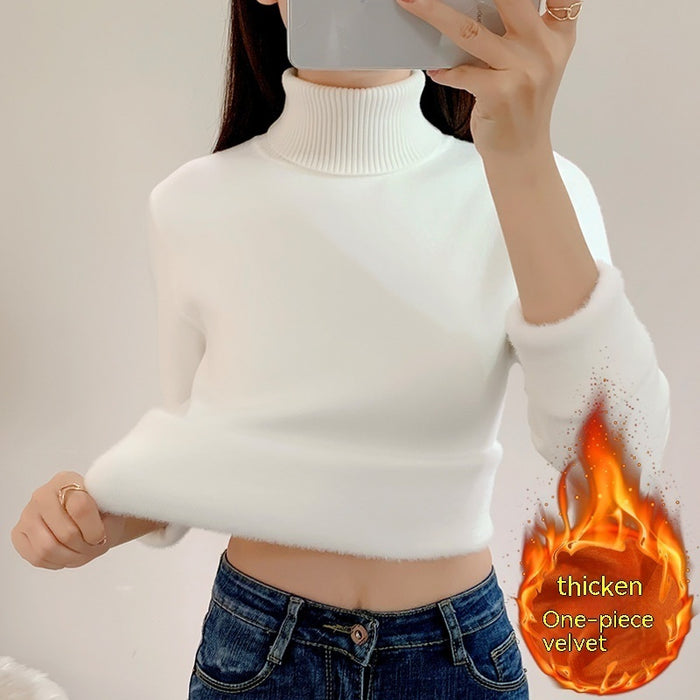 Fleece-lined Thickened Integral Velvet Turtleneck Sweater For Women