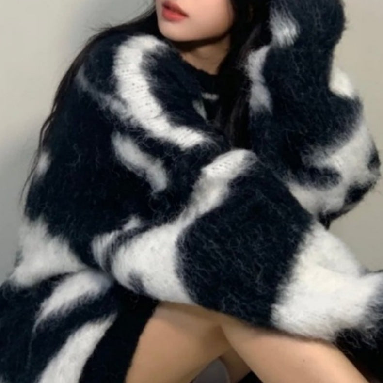 Striped Imitated Mink Fluff Soft Glutinous Loose Round Neck Sweater