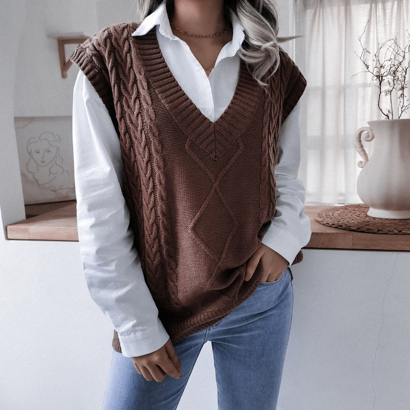 Women's V-neck Fried Dough Twist Casual Loose Knit Sweater Vest