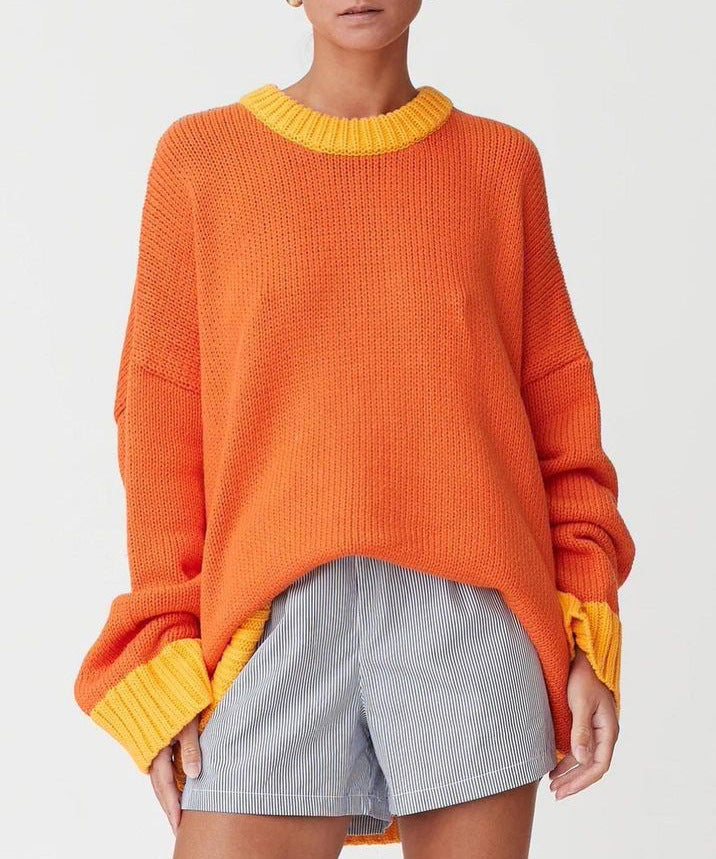 Popular Contrast Color Bright Loose Long Sleeve Pullover Sweater