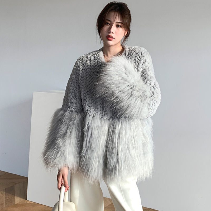 Stitching Faux Fur Coat Women's Age-reducing Temperament Solid Color Woven