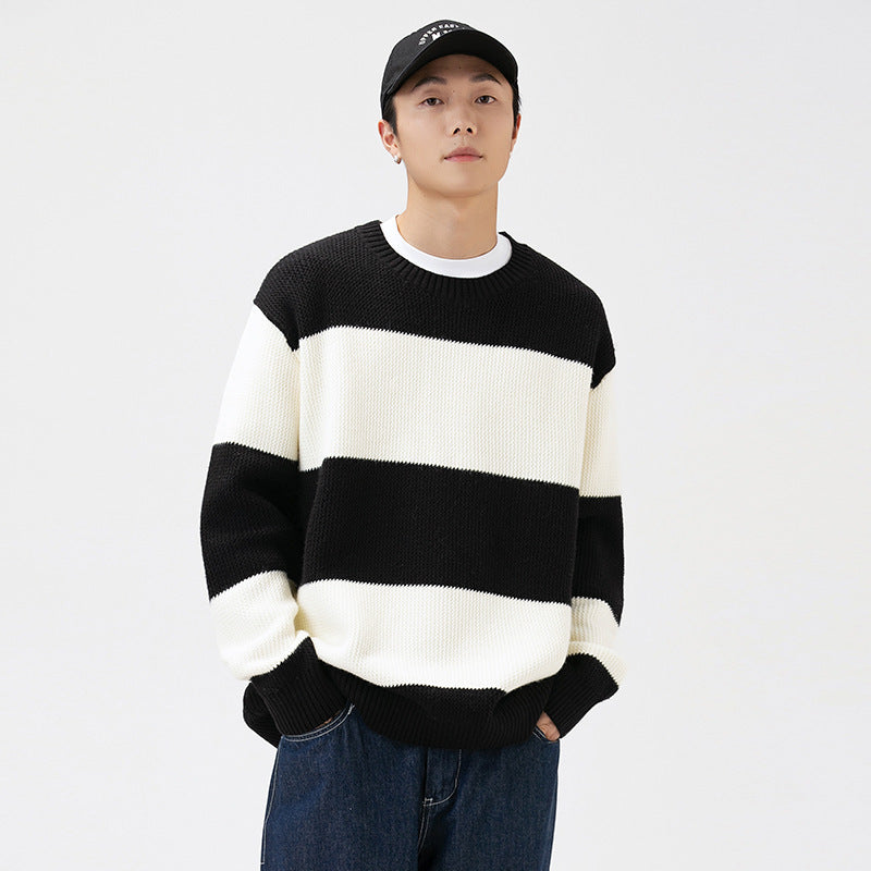 Autumn And Winter Striped Contrast Color Round Neck Sweater Men And Women Loose Leisure All-matching Couple