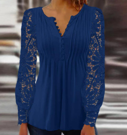 Spring Lace Long-sleeved V-neck Slim Short T-shirt Top