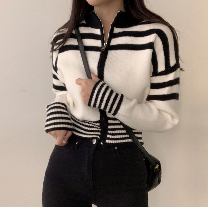 Spring And Autumn Retro Contrast Color Zipper Stand-up Collar Cinched Cropped Sweater Coat