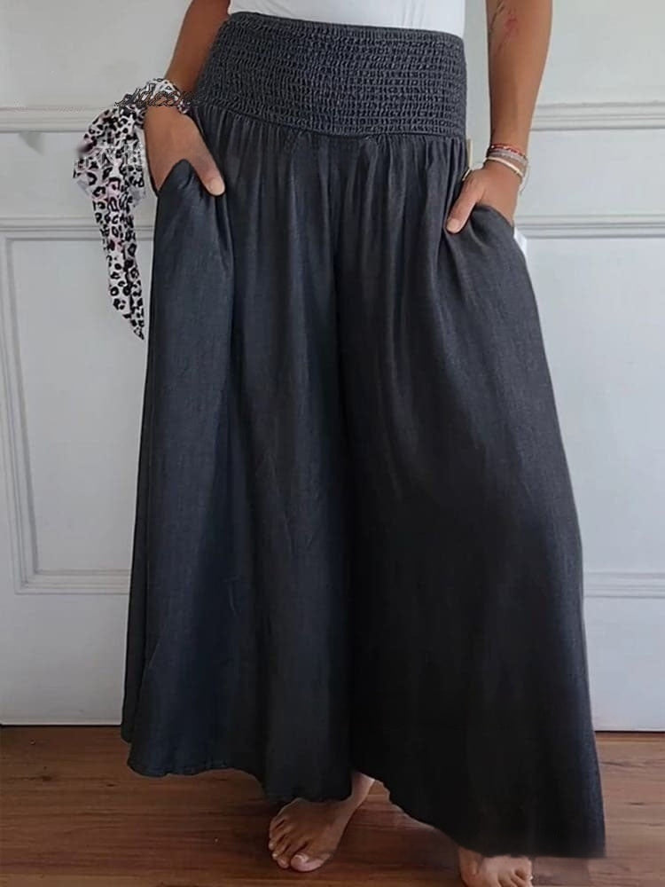 Casual High Waist Smocking Wide Leg With Pockets Denim Women's Pants