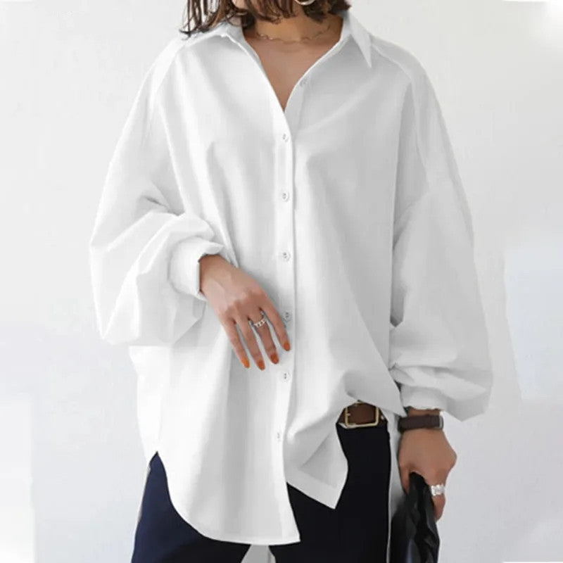 Cotton Lapel Fluffy Sleeve Button Irregular Hem Shirt