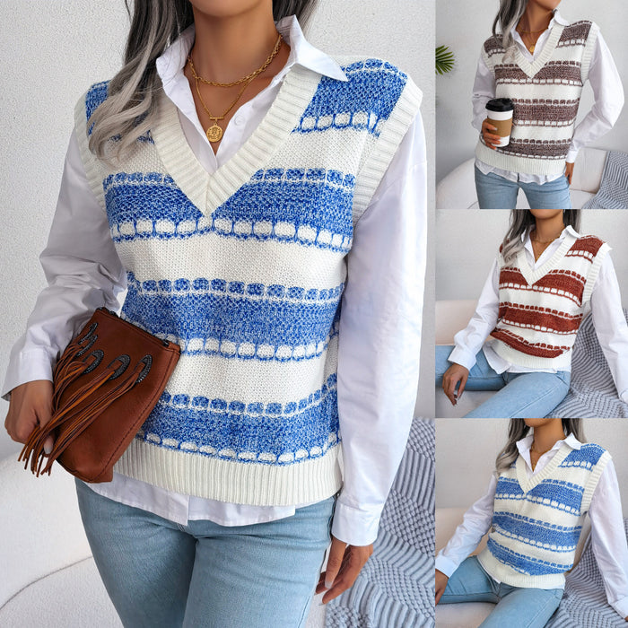 Fashion V-neck Color Stripe Knitted Vest Sweater