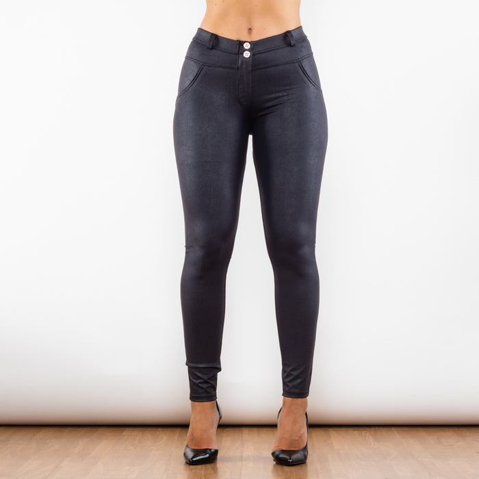 Shascullfites Melody Crackle Black Coated Middle Waist Lift Pants