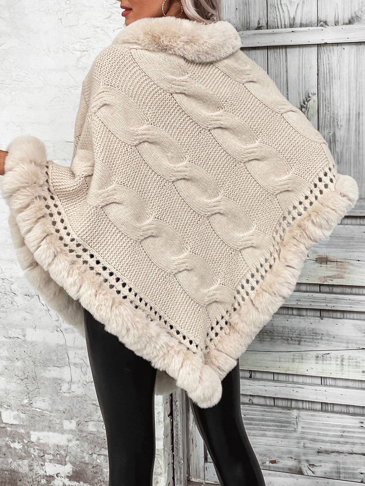 Women's Fur Collar Hemp Pattern Cardigan Cape Sweater