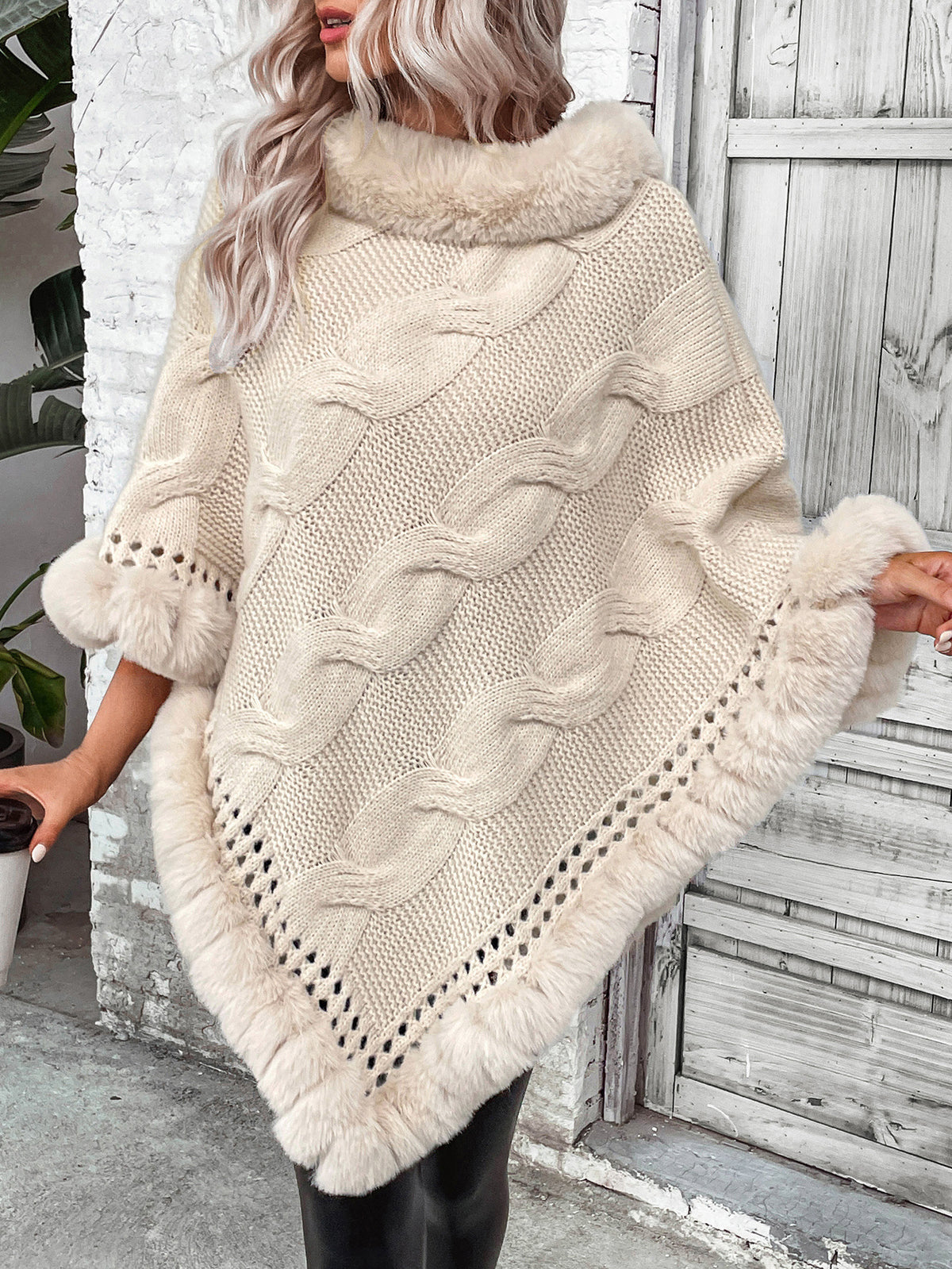 Women's Fur Collar Hemp Pattern Cardigan Cape Sweater