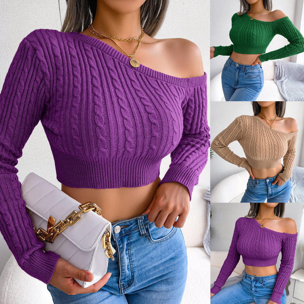 Fashion Fried Dough Twist Off The Shoulder Long Sleeve Short Knitted Sweater