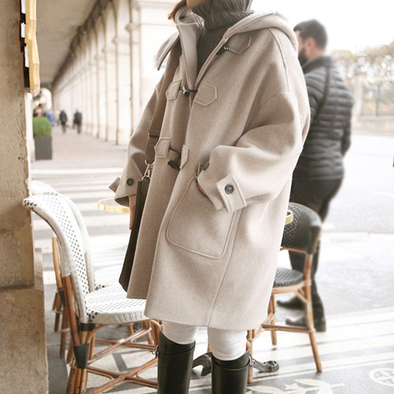 Autumn New Korean Style Hooded Cotton Addition Thick Woolen Coat Women