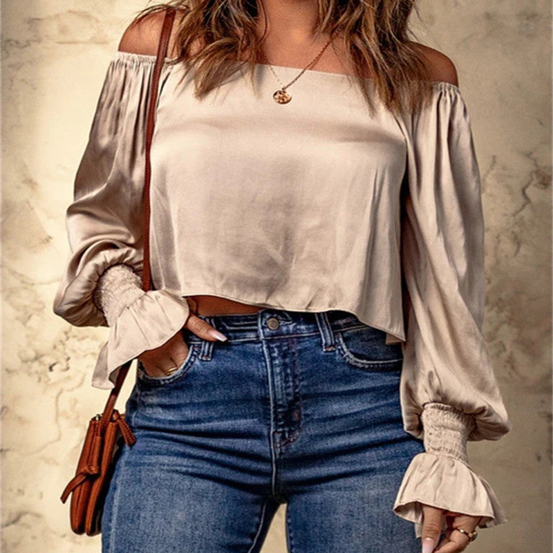 Casual Apricot Off-the-shoulder Pleating Wrist Long Sleeve Top