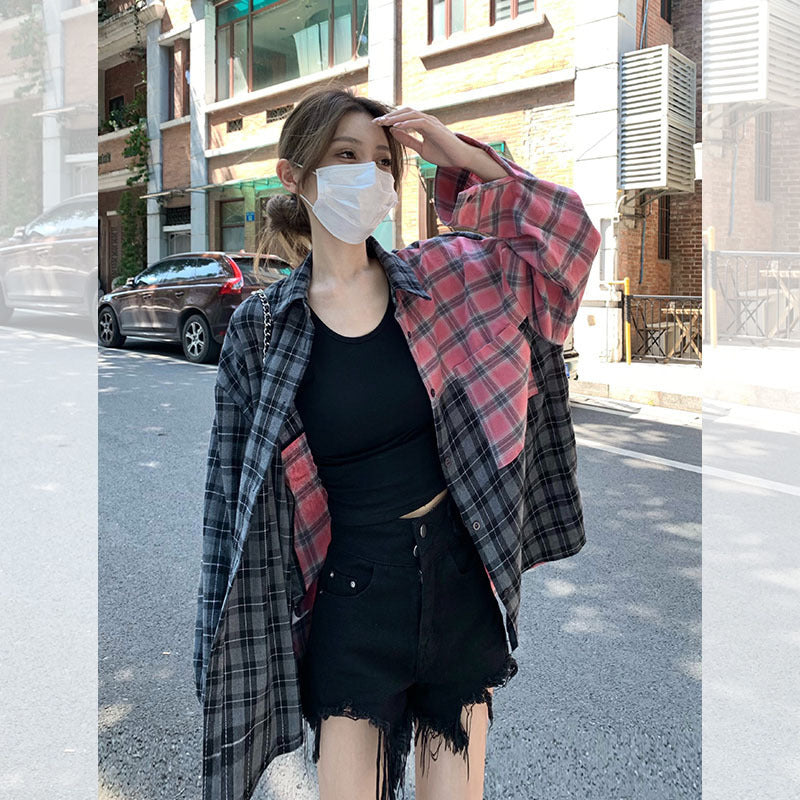 Women's Irregular Spliced Plaid Blouse