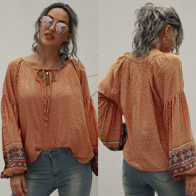 Vintage Ethnic Boho Print Tie Shirt