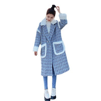 Women's Plus Cotton Padded Lamb Hair Stitching Plaid Woolen Coat