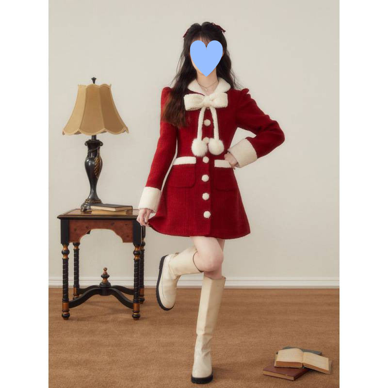 Women's Winter Christmas New Year Red Woolen Coat