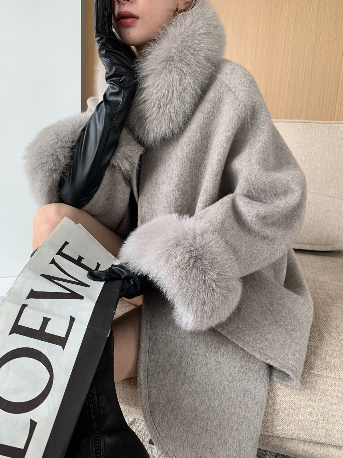 Cape Fox Fur Collar Cashmere Wavy Coat