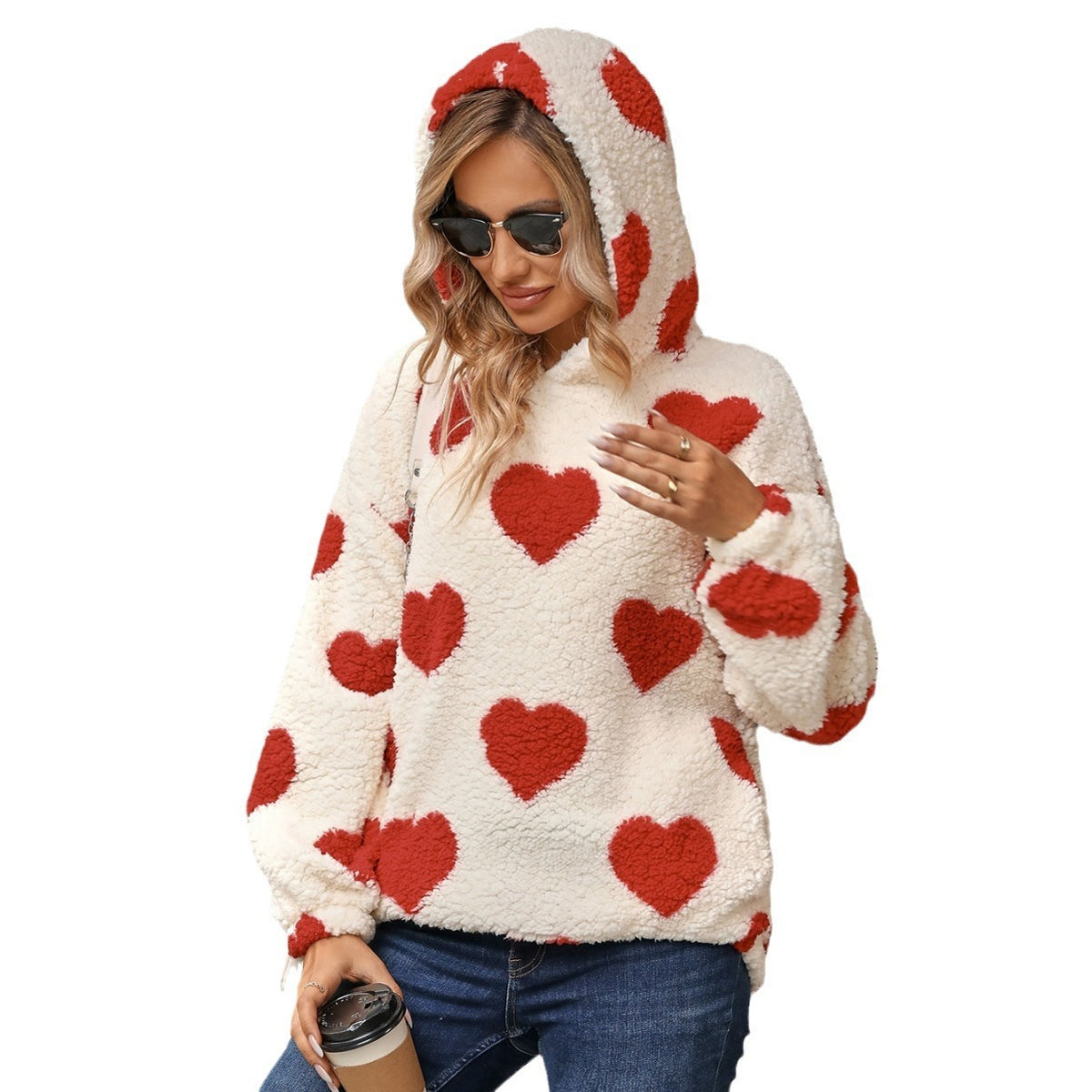 Plush Hooded Love Printed Pullover Sweatshirt Women