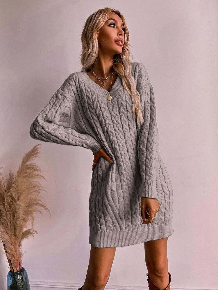 Solid Color And V-neck Pullover Dress Sweater Women's Casual Fashion Mid-length Knitwear