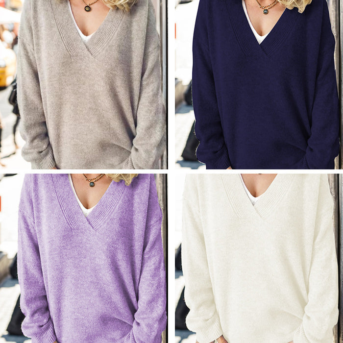 Women's Knitted V-neck Pullover Outerwear Sweater