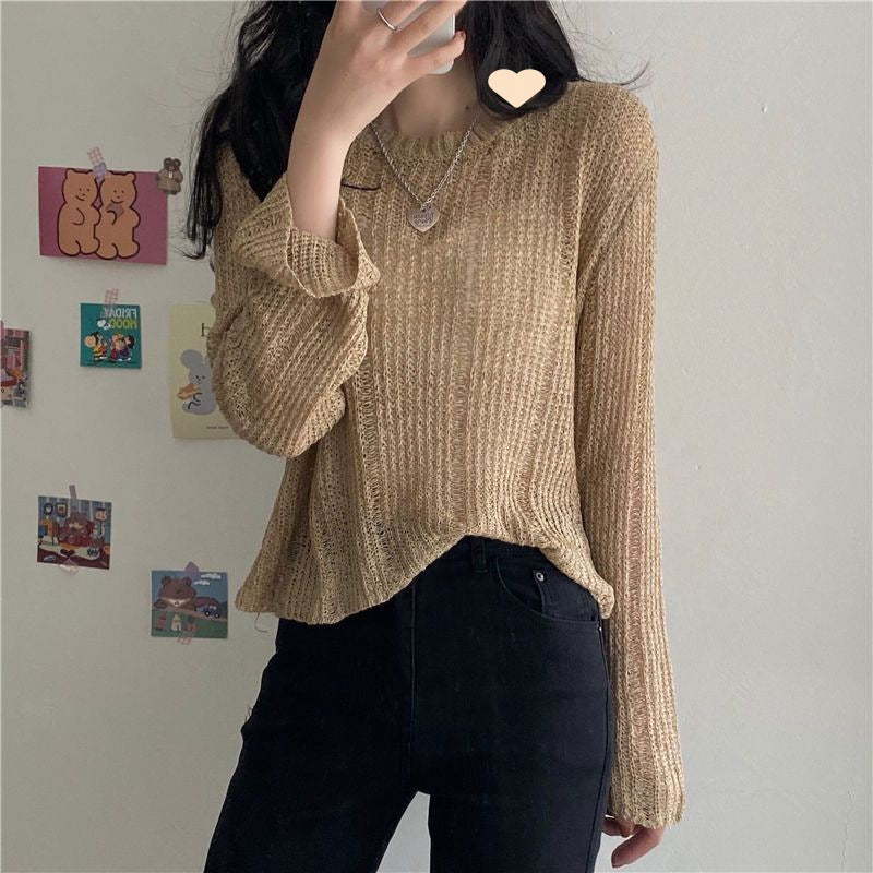 Women's Knitwear Autumn New Korean Style Ice Silk Hollow-out Knitted Blouse Outer Wear Thin Pullover Long Sleeve Sweater Fashion